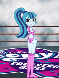 Size: 1340x1765 | Tagged: safe, artist:invisibleink, imported from derpibooru, sonata dusk, equestria girls, ass, butt, clothes, cutie mark, elbow pads, female, knee pads, looking at you, pose, show accurate, solo, sports, sports bra, sports panties, wrestler, wrestling, wrestling ring