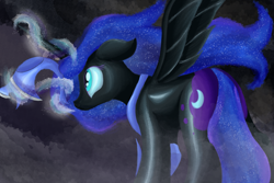 Size: 1800x1200 | Tagged: safe, artist:ahorseofcourse, nightmare moon, princess luna, alicorn, pony, ear down, ethereal mane, ethereal tail, female, helmet, horn, magic, mare, peytral, solo, spread wings, telekinesis, wings