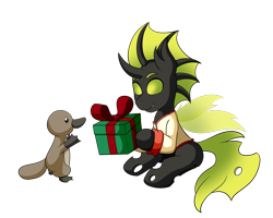 Size: 2000x1600 | Tagged: safe, artist:jake heritagu, imported from derpibooru, oc, oc only, oc:karl the changeling, platypus, chef, chef outfit, commission, gift box, green changeling, happy, male, present, simple background, transparent background