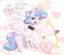 Size: 1538x1317 | Tagged: safe, artist:flutterthrash, imported from derpibooru, imported from ponybooru, princess flurry heart, alicorn, pony, abstract background, arrow, bow (weapon), bow and arrow, choker, cupid, dialogue, female, flying, heart, heart arrow, hearts and hooves day, holiday, levitation, lidded eyes, magic, mare, older, older flurry heart, princess emo heart, solo, spiked choker, spread wings, telekinesis, unamused, valentine's day, weapon, wings