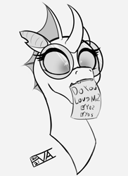 Size: 4000x5500 | Tagged: safe, artist:evan555alpha, imported from ponybooru, oc, oc only, oc:yvette (evan555alpha), changeling, backwards, bust, changeling oc, dorsal fin, evan's daily buggo, fangs, female, glasses, happy, looking at you, mundane utility, note, object, object in mouth, ponybooru exclusive, question, question mark, round glasses, signature, simple background, sketch, solo, white background