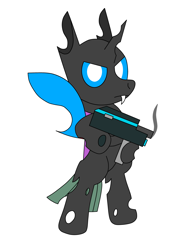 Size: 3072x4096 | Tagged: safe, alternate version, artist:theunidentifiedchangeling, imported from derpibooru, oc, oc only, oc:[unidentified, changeling, bipedal, digital art, fangs, gun, holding, horn, looking at you, male, simple background, solo, transparent background, weapon, white background, wings