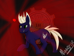 Size: 4096x3072 | Tagged: safe, artist:marimora, imported from derpibooru, oc, oc only, earth pony, pony, door, earth pony oc, grin, heterochromia, light, male, one hoof raised, raised hoof, signature, smiling, solo, solo male, stallion, vault 111