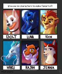 Size: 1072x1280 | Tagged: safe, artist:zobaloba, imported from derpibooru, bolt (character), princess luna, alicorn, big cat, dog, lion, pony, tiger, six fanarts, bolt, bust, carrot, chest fluff, collar, crescent moon, crossover, ethereal mane, eye scar, food, jewelry, kion, moon, mouth hold, night, outdoors, peytral, scar, smiling, spirited away, starry mane, the lion guard, tiara