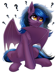 Size: 2500x3300 | Tagged: safe, artist:hakaina, imported from derpibooru, oc, oc only, oc:stormy night, bat pony, belly, female, fluffy, mare, question mark, sitting, slim, thin, thinking, wing hands, wings