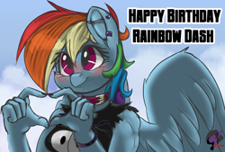 Size: 3194x2160 | Tagged: safe, artist:brainiac, derpibooru exclusive, imported from derpibooru, rainbow dash, anthro, pegasus, clothes, cute, dashabetes, fall guys, female, happy birthday, mare, piercing, practice, rainbow dash day, rainbow dash's birthday, solo, text