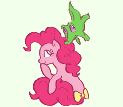 Size: 388x338 | Tagged: safe, artist:fizpup, imported from derpibooru, gummy, pinkie pie, alligator, earth pony, pony, bow, duo, female, green background, male, mare, no pupils, ponk, simple background, tail bow