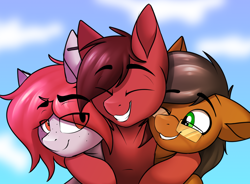 Size: 1160x852 | Tagged: safe, artist:notetaker, imported from derpibooru, oc, oc only, oc:chance, oc:notetaker, oc:scarlett lane, earth pony, pegasus, pony, eyebrows, eyebrows visible through hair, glasses, group hug, hug, male, piercing, sky