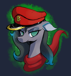 Size: 1023x1104 | Tagged: safe, artist:hitsuji, imported from derpibooru, oleander, unicorn, them's fightin' herds, alternate color palette, clothes, community related, hat, looking at you, oleander (tfh), peaked cap, scarf, simple background, solo
