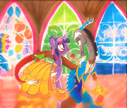 Size: 1977x1693 | Tagged: safe, artist:zephyrshy, imported from derpibooru, discord, twilight sparkle, pony, unicorn, alternate hairstyle, beauty and the beast, clothes, discolight, dress, female, looking at each other, male, shipping, stained glass, stained glass window, straight, suit, unicorn twilight