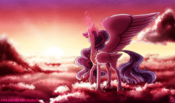 Size: 2700x1600 | Tagged: safe, artist:inuhoshi-to-darkpen, imported from derpibooru, twilight sparkle, alicorn, pony, the last problem, cloud, crown, female, glowing horn, horn, jewelry, mare, princess twilight 2.0, regalia, solo, sun, sunrise, sunset, twilight sparkle (alicorn), wing fluff