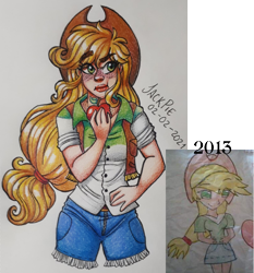 Size: 1620x1737 | Tagged: safe, artist:jack-pie, imported from derpibooru, applejack, human, 2021 vs, breasts, cutie mark on human, eating, freckles, hand on hip, humanized, redraw, traditional art
