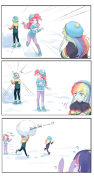 Size: 1299x2440 | Tagged: safe, artist:yuan-rino, imported from derpibooru, applejack, fluttershy, pinkie pie, rainbow dash, sci-twi, twilight sparkle, equestria girls, 3 panel comic, comic, offscreen character, question mark, running, snow
