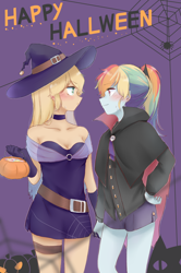 Size: 1000x1504 | Tagged: safe, artist:yuan-rino, imported from derpibooru, applejack, rainbow dash, vampire, equestria girls, appledash, breasts, cleavage, clothes, costume, female, halloween, halloween costume, holiday, lesbian, misspelling, pumpkin, shipping, witch