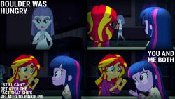 Size: 1986x1117 | Tagged: safe, edit, edited screencap, imported from derpibooru, screencap, boulder (pet), maud pie, sunset shimmer, twilight sparkle, human, equestria girls, rainbow rocks, boulder (g4), clothes, duo, duo female, female, hungry, open mouth, pajamas, rock, solo, trio, trio female
