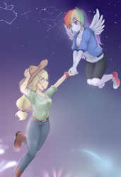 Size: 963x1406 | Tagged: safe, artist:yuan-rino, imported from derpibooru, applejack, rainbow dash, human, equestria girls, appledash, applejack's hat, belt, blushing, boots, clothes, compression shorts, constellation, converse, cowboy boots, cowboy hat, cowgirl, duo, duo female, female, fireworks, flying, green eyes, hat, jeans, lesbian, long hair, multicolored hair, night, night sky, pants, partial transformation, pink eyes, ponytail, shipping, shoes, shorts, sky, sneakers, stars, tomboy, wing growth, wings, wristband