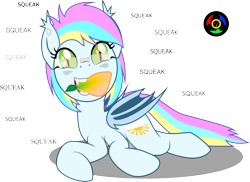 Size: 4098x2980 | Tagged: safe, artist:kyoshyu, imported from derpibooru, oc, oc only, oc:eclaircie clearing, bat pony, pony, female, food, goggles, high res, lying down, mango, mare, prone, simple background, solo, transparent background