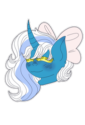 Size: 1181x1748 | Tagged: safe, artist:karma-doodles, imported from derpibooru, oc, oc only, oc:fleurbelle, alicorn, pony, alicorn oc, blushing, bow, bust, eyes closed, female, hair bow, head, horn, mare, simple background, smiling, solo, transparent background, wings, yellow eyes