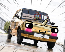 Size: 900x720 | Tagged: safe, edit, editor:shyinka, imported from derpibooru, sunset shimmer, oc, oc:fiat 126p, equestria girls, fabulous, fiat, fiat 126p, gold, owo, poland, speed lines, uwu