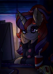 Size: 2928x4096 | Tagged: safe, alternate version, artist:canvymamamoo, imported from derpibooru, moondancer, pony, unicorn, chips, clothes, computer, computer screen, dark, drink, ear fluff, female, food, glasses, keyboard, lidded eyes, mare, potato chips, raised hoof, sitting, smiling, solo, sweater, underhoof