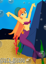 Size: 1928x2664 | Tagged: safe, artist:cyber-murph, imported from derpibooru, orange sunrise, mermaid, series:cyber-murph's mermaids, equestria girls, equestria girls series, arms in the air, beanie, belly, belly button, bikini, bra, breasts, bubble, cleavage, clothes, coral, cute, flowing hair, hat, mermaidized, midriff, seashell bra, seaweed, signature, species swap, swimsuit, underwater, underwear