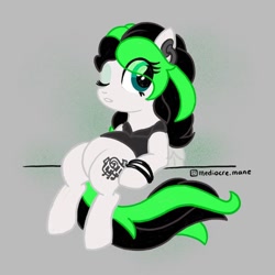 Size: 1080x1080 | Tagged: safe, artist:mediocre.mare, artist:mediocremare, imported from derpibooru, oc, oc only, earth pony, pony, bracelet, clothes, earth pony oc, eyelashes, female, gray background, jewelry, mare, one eye closed, simple background, sitting, solo, wink