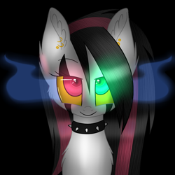 Size: 900x900 | Tagged: safe, artist:emalajiss36, imported from derpibooru, oc, oc only, oc:emala jiss, pegasus, pony, black background, bust, choker, ear fluff, ear piercing, earring, eyelashes, female, heterochromia, jewelry, mare, pegasus oc, piercing, simple background, smiling, solo, sombra eyes, spiked choker, wings