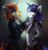 Size: 2300x2400 | Tagged: safe, artist:serodart, imported from derpibooru, oc, oc only, anthro, unicorn, breasts, clothes, commission, duo, female, gun, hand in pocket, handgun, hoodie, horn, mexican standoff, pistol, weapon