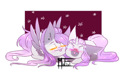 Size: 2632x1556 | Tagged: safe, artist:minelvi, imported from derpibooru, oc, oc only, pegasus, pony, :p, blushing, chibi, duo, eyes closed, female, lying down, mare, pegasus oc, prone, signature, simple background, tongue out, transparent background, wings