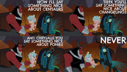 Size: 1986x1117 | Tagged: safe, edit, edited screencap, editor:quoterific, imported from derpibooru, screencap, cozy glow, lord tirek, queen chrysalis, centaur, changeling, changeling queen, pegasus, pony, the beginning of the end, female, filly, legion of doom, male, open mouth, tirek is not amused, trio, unamused