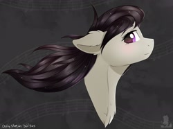 Size: 2682x1993 | Tagged: safe, artist:ezeronaa, imported from ponybooru, octavia melody, earth pony, abstract background, black mane, bust, chest fluff, female, gray coat, looking at you, portrait, purple eyes, smiling, smiling at you, solo