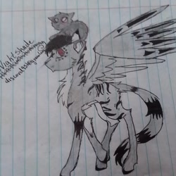 Size: 1080x1080 | Tagged: safe, artist:spotted2_paws, imported from derpibooru, oc, oc only, cat, pegasus, pony, chest fluff, duo, lined paper, pegasus oc, raised hoof, signature, traditional art, wings