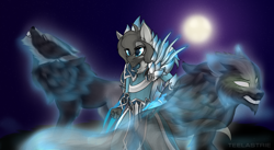 Size: 5000x2748 | Tagged: safe, artist:teelastrie, imported from derpibooru, oc, oc:dust, werewolf, wolf, zebra, absurd resolution, crossover, dota 2, full moon, lycan, moon, simple background, spirit