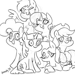 Size: 1024x1024 | Tagged: safe, artist:texacity, imported from derpibooru, applejack, fluttershy, pinkie pie, rainbow dash, rarity, twilight sparkle, alicorn, earth pony, pegasus, pony, unicorn, 2019, black and white, cowboy hat, female, grayscale, hat, looking at you, lying down, mane six, mare, monochrome, one eye closed, simple background, sketch, twilight sparkle (alicorn), unicorn twilight, white background, wink