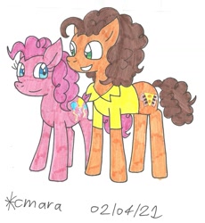 Size: 1202x1308 | Tagged: safe, artist:cmara, imported from derpibooru, cheese sandwich, pinkie pie, earth pony, pony, cheesepie, clothes, female, grin, looking at each other, male, mare, shipping, shirt, simple background, smiling, stallion, straight, traditional art, white background