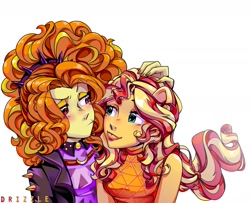 Size: 1545x1255 | Tagged: safe, artist:drizzledazzle, imported from derpibooru, adagio dazzle, sunset shimmer, equestria girls, :p, duo, female, lesbian, ponied up, shipping, simple background, sunsagio, tongue out, white background