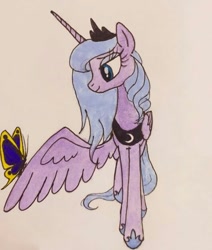 Size: 531x626 | Tagged: safe, artist:lunaart, imported from derpibooru, princess luna, alicorn, butterfly, pony, cute, lunabetes, s1 luna, solo, traditional art