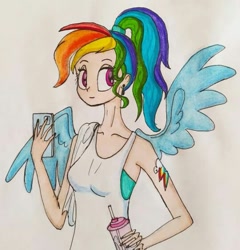 Size: 539x562 | Tagged: safe, artist:lunaart, imported from derpibooru, rainbow dash, human, cutie mark on human, humanized, phone, ponytail, solo, winged humanization, wings