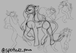 Size: 1414x1000 | Tagged: safe, artist:spotted2_paws, imported from derpibooru, oc, oc only, earth pony, pony, earth pony oc, gray background, leonine tail, lineart, raised hoof, rearing, simple background, sketch, sketch dump