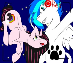 Size: 1163x998 | Tagged: safe, artist:spotted2_paws, imported from derpibooru, oc, oc only, pegasus, pony, unicorn, camera shot, controller, duo, grin, horn, looking at each other, night, open mouth, outdoors, paw prints, pegasus oc, smiling, stars, unicorn oc, wings