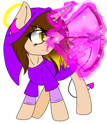 Size: 1300x1500 | Tagged: safe, alternate version, artist:juliet-gwolf18, imported from derpibooru, oc, oc only, pony, unicorn, arrow, background removed, bow (weapon), clothes, cosplay, costume, devil horns, glowing horn, halo, hat, horn, link, magic, simple background, solo, telekinesis, the legend of zelda, transparent background, unicorn oc