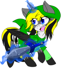 Size: 1300x1500 | Tagged: safe, alternate version, artist:juliet-gwolf18, imported from derpibooru, oc, oc only, alicorn, pony, alicorn oc, background removed, clothes, cosplay, costume, eyelashes, female, glowing horn, green clothes, hat, hoof shoes, horn, link, magic, mare, open mouth, raised hoof, simple background, solo, sword, telekinesis, the legend of zelda, transparent background, weapon, wings