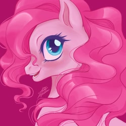 Size: 1080x1080 | Tagged: safe, artist:anabarana, imported from derpibooru, pinkie pie, earth pony, pony, bust, eyelashes, female, mare, open mouth, purple background, signature, simple background, smiling, solo