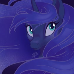 Size: 1080x1080 | Tagged: safe, artist:anabarana, imported from derpibooru, princess luna, alicorn, pony, bust, ethereal mane, eyelashes, female, horn, mare, signature, solo, starry mane