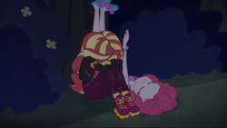 Size: 1136x640 | Tagged: safe, imported from derpibooru, screencap, pinkie pie, sunset shimmer, equestria girls, equestria girls series, sunset's backstage pass!, spoiler:eqg series (season 2), clothes, head pat, night, pat, patting, slippers