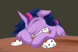 Size: 1051x701 | Tagged: safe, artist:btbunny, imported from derpibooru, twilight sparkle, alicorn, pony, castle sweet castle, chocolate chips, eyes closed, female, floppy ears, food, messy mane, pancakes, simple background, sleeping, solo, sprinkles, twilight sparkle (alicorn), whipped cream