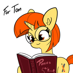 Size: 620x620 | Tagged: safe, artist:tjpones, imported from derpibooru, oc, oc:sam art s, pony, unicorn, book, cute, cutie mark, female, glasses, mare, ocbetes, reading, simple background, smiling, white background