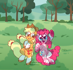 Size: 2000x1911 | Tagged: safe, artist:dipperclassic, imported from derpibooru, applejack, pinkie pie, earth pony, pony, cloud, coat markings, confetti, cute, diapinkes, duo, grass, heart mark, hooves, jackabetes, looking at someone, looking at something, lying down, outdoors, overcast, piebald coat, piebald colouring, pointing, redesign, shiny hoof, sky, smiling, socks (coat markings), tree