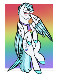 Size: 827x1063 | Tagged: safe, artist:lieutenantcactus, imported from derpibooru, feather flatterfly, pegasus, pony, colored hooves, glasses, male, necktie, rainbow background, solo, stallion