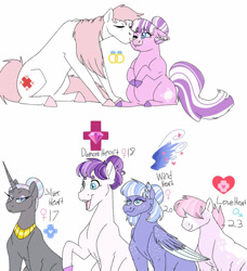 Size: 1024x1121 | Tagged: safe, artist:dodiejinx, imported from derpibooru, nurse redheart, nurse sweetheart, oc, oc:diamond heart, oc:love heart, oc:silver heart, oc:wind heart, earth pony, pegasus, pony, unicorn, cheek kiss, female, kiss on the cheek, kissing, lesbian, magical lesbian spawn, male, mare, offspring, parent:nurse redheart, parent:nurse sweetheart, parents:redsweet, redsweet, shipping, simple background, stallion, white background